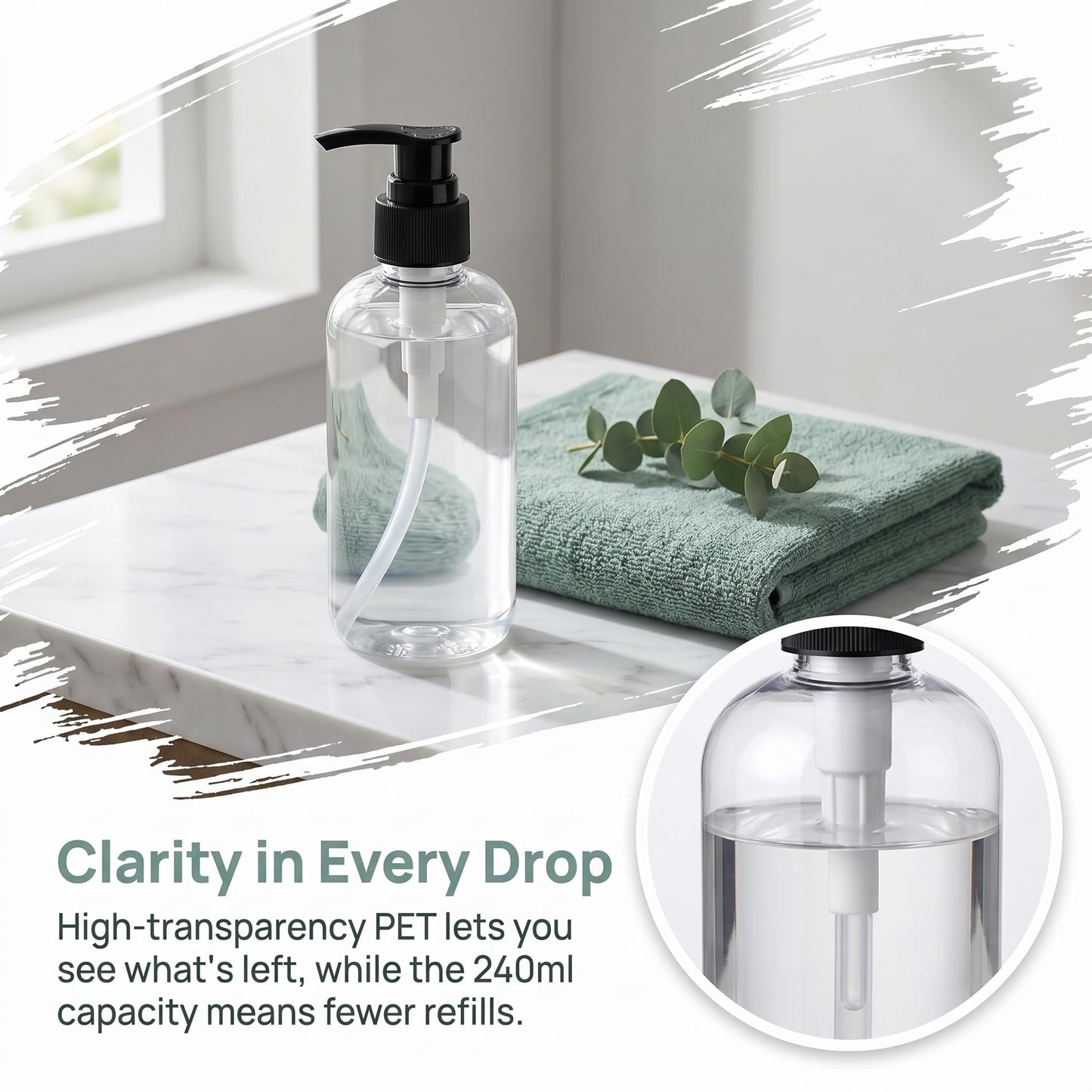 Bekith 16 Pack Empty Plastic Pump Bottles Dispenser, 8oz/240ml Clear Pump Bottle Dispenser, Portable Refillable Container for Hand Soap Lotion Shampoo Conditioner Essential Oil Liquid