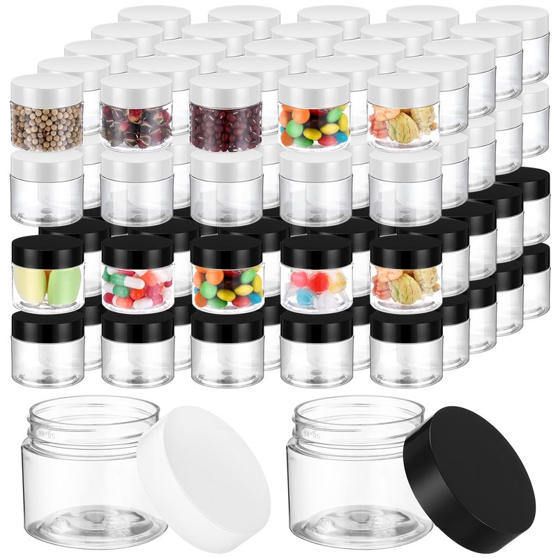 Meanplan 100 Pcs 2 oz Plastic Container Jars Clear Round Cosmetic Container with Lids, Plastic Jars with Screw Lids for Travel Storage, Kitchen Use, DIY Crafts(Black, White, PP)