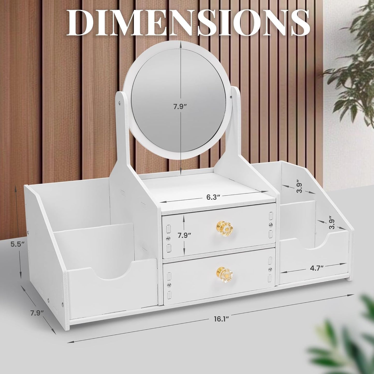 Wooden Makeup Organizer - Elegant Countertop Storage with Mirror & Drawers | Ideal for Brushes & Skincare