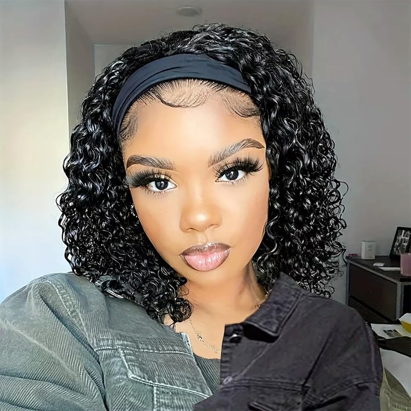 Maytune Curly Headband Wig Human Hair 12 Inch Water Wave Headband Wigs for Black Women Glueless Brazilian Virgin Deep Wave Human Hair Headband Wig Natural Color