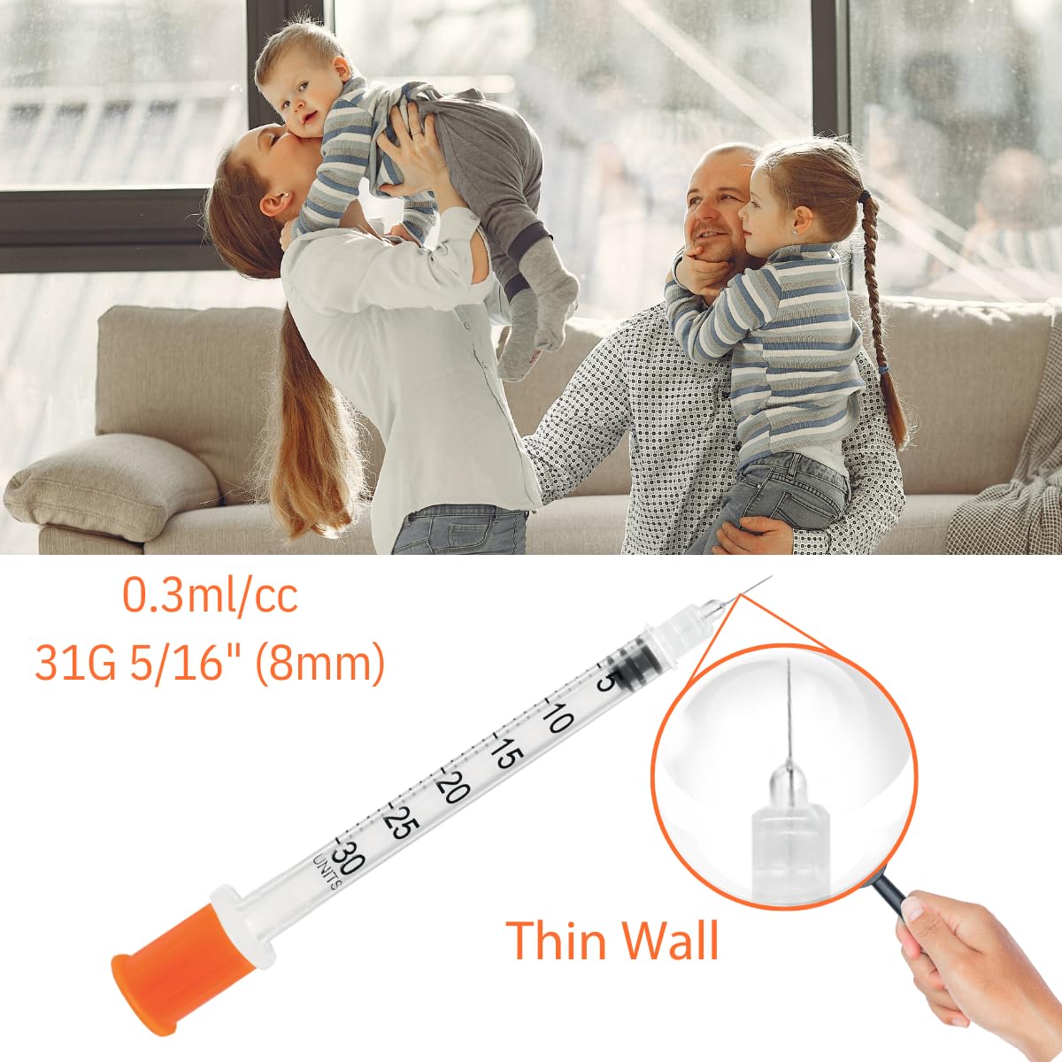 GLUCO-CARE 0.3 ml/cc Syringes 31G x 5/16’’ (8mm), Orange Cap, Box of 100 pcs