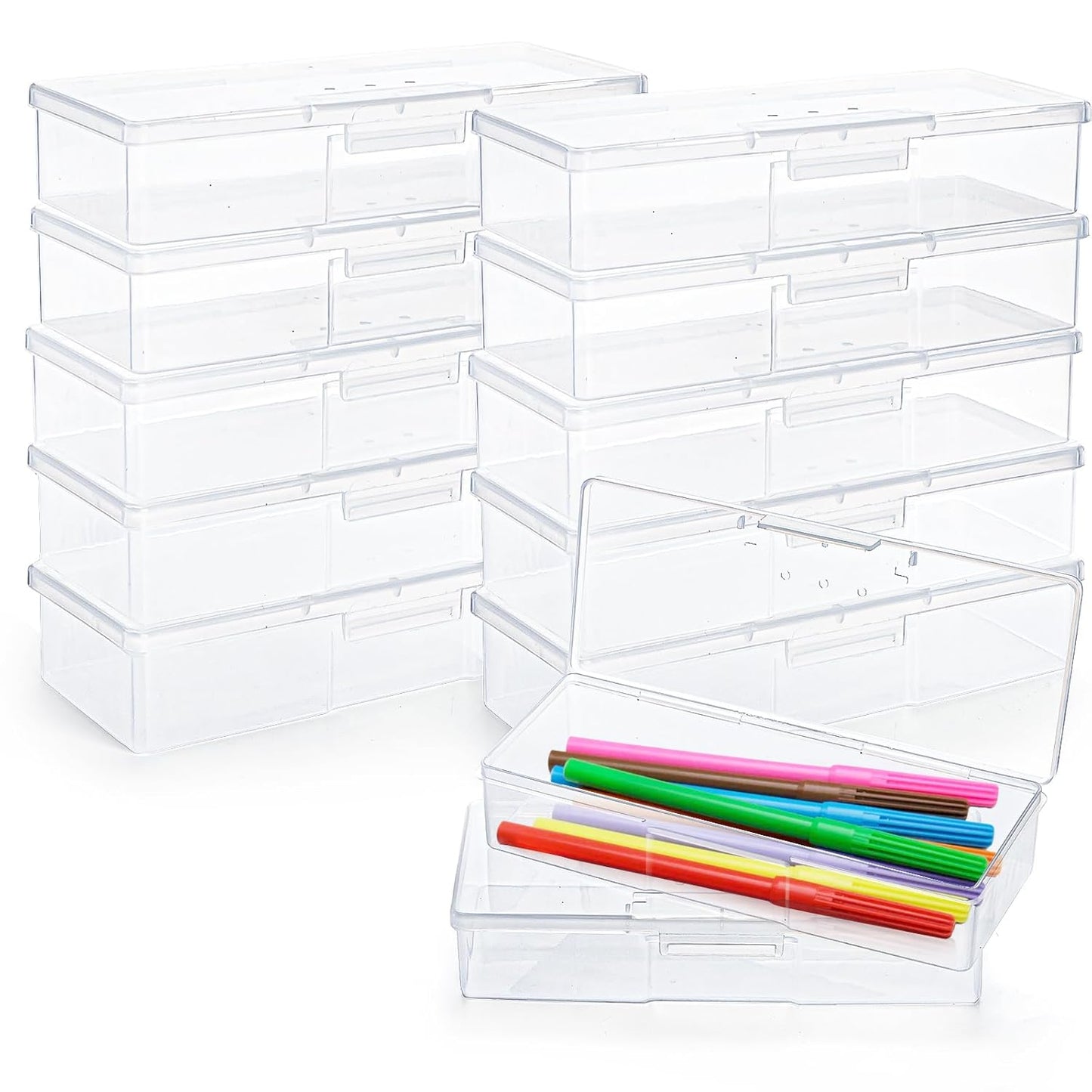 ZOOFOX 12-Pack Plastic Nail Storage Box - Stackable Organizer with Hinged Lid for Manicure, Crafts, Office Supplies | Clear Rectangular Design