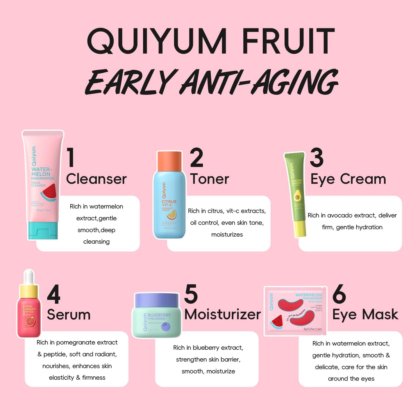 QUIYUM Early Anti-Aging Skincare Set, for Light Mature Skin, 6-Piece Natural Fruit Kit with Peptide, Vitamin C & Ceramide - Reduces Fine Lines & Dull Skin, Birthday Gifts for Women, Christmas Gift