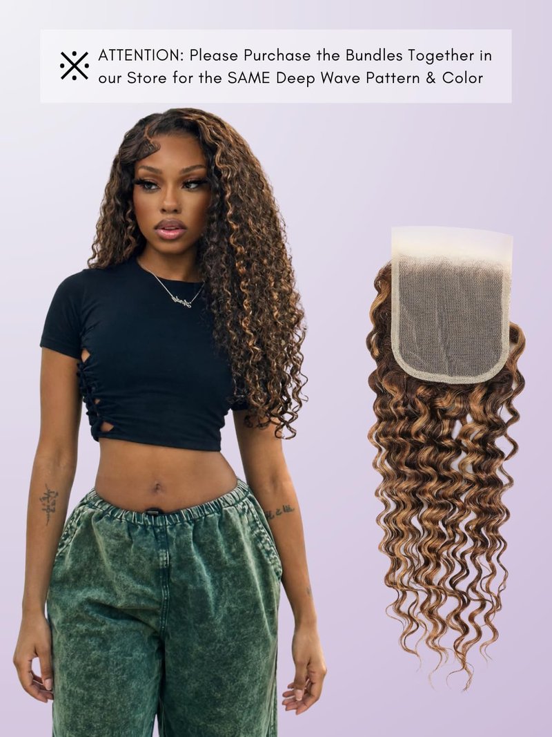 AUROO Honey Blonde Highlight Deep Wave Closure Only Human Hair, 100% Hand Tied 12A Brazilian Virgin 4x4 HD Transparent Lace Closure Pre Plucked P4/27 Ombre Brown Curly Lace Closure Sew In Remy 14 Inch