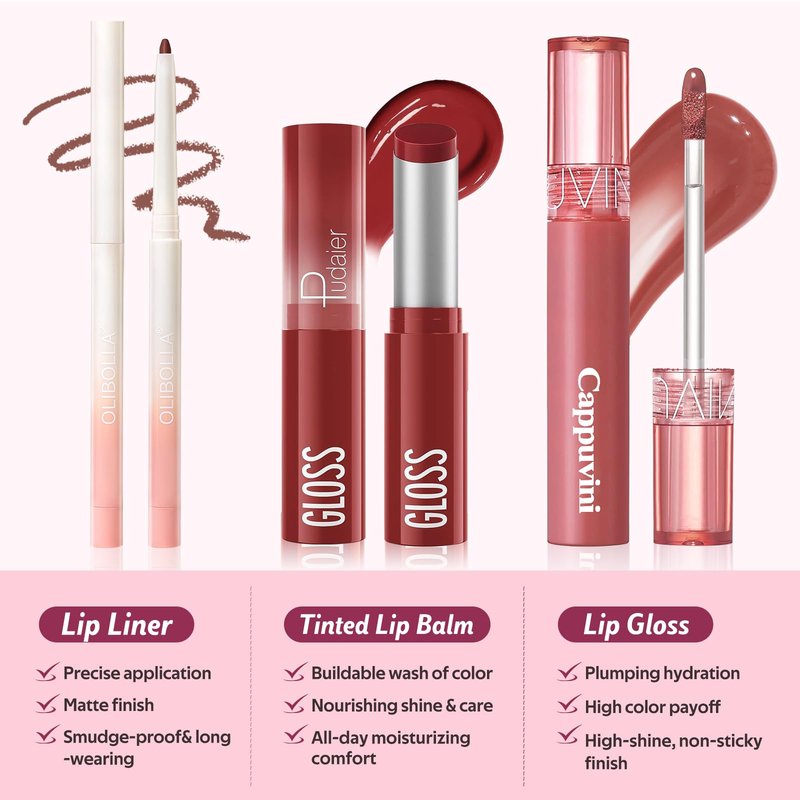 3 Pack Lip Combo Set - Matte Lip Liner Pencil + Hydrating Tinted Lip Balm + Plumping Lip Gloss, Non-Sticky, Long-Lasting, 3-in-1 Lip Makeup Kit for Plump, Hydrated & Glossy Lips (Berry Mousse Set)