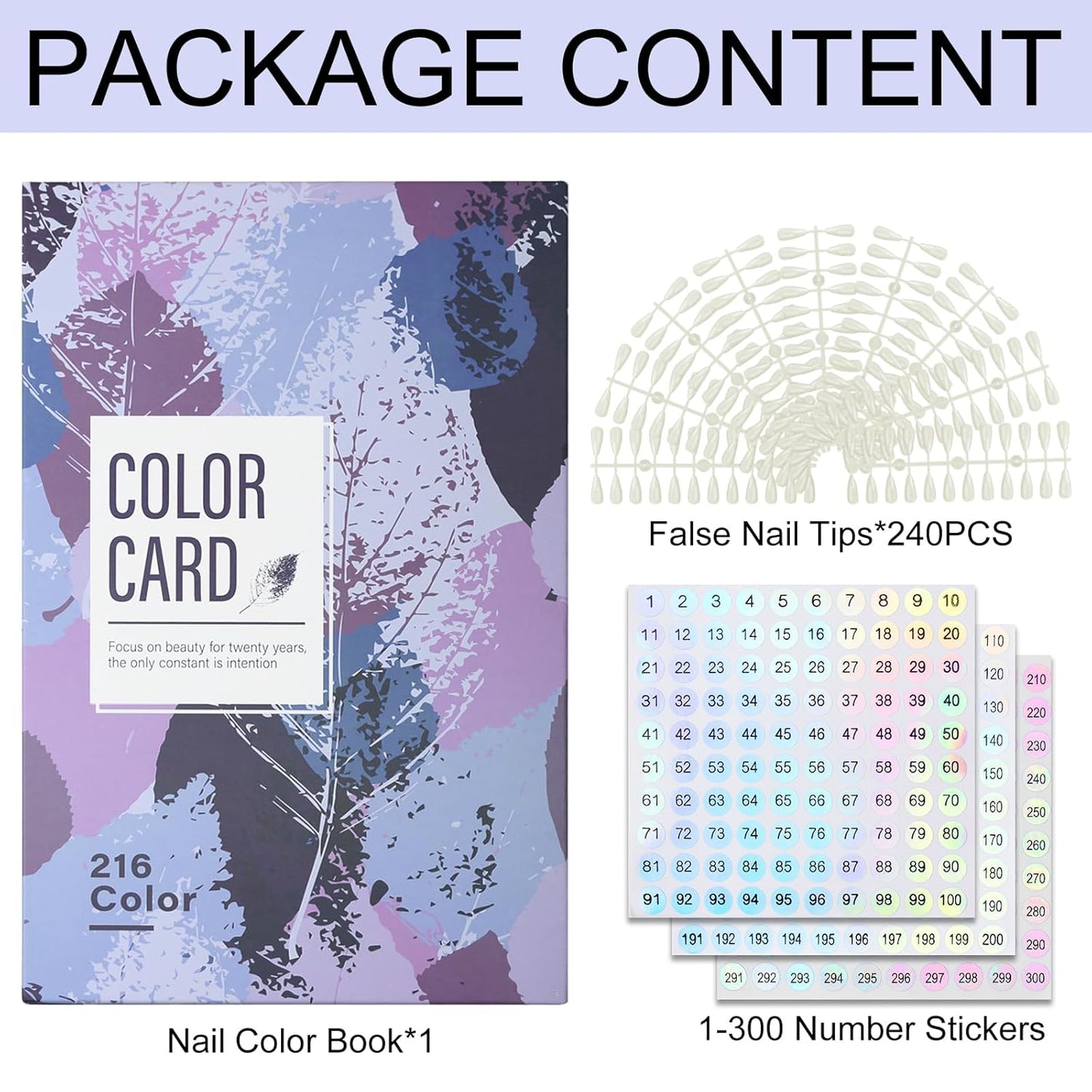 Nail Color Display Book - 216 Nail Colors with 240 Tips & Number Labels | Purple Swatch Guide