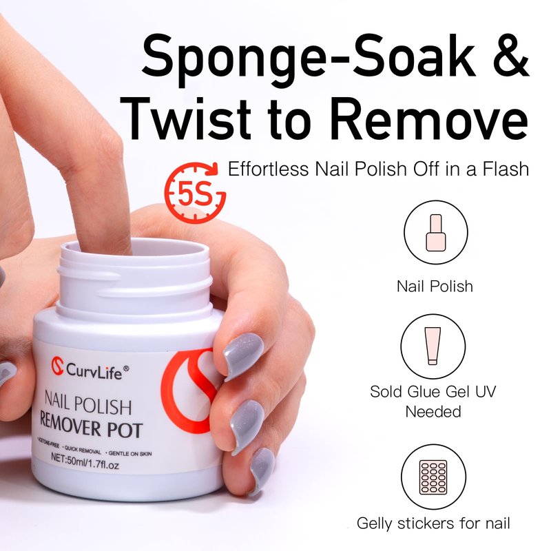 Curvlife Acetone-Free Nail Polish Remover Pot, Quick Removal & Gentle on Skin, Jojoba Oil & Sponge Applicator for Home Salon, 50ml/1.7 fl oz Nail Care