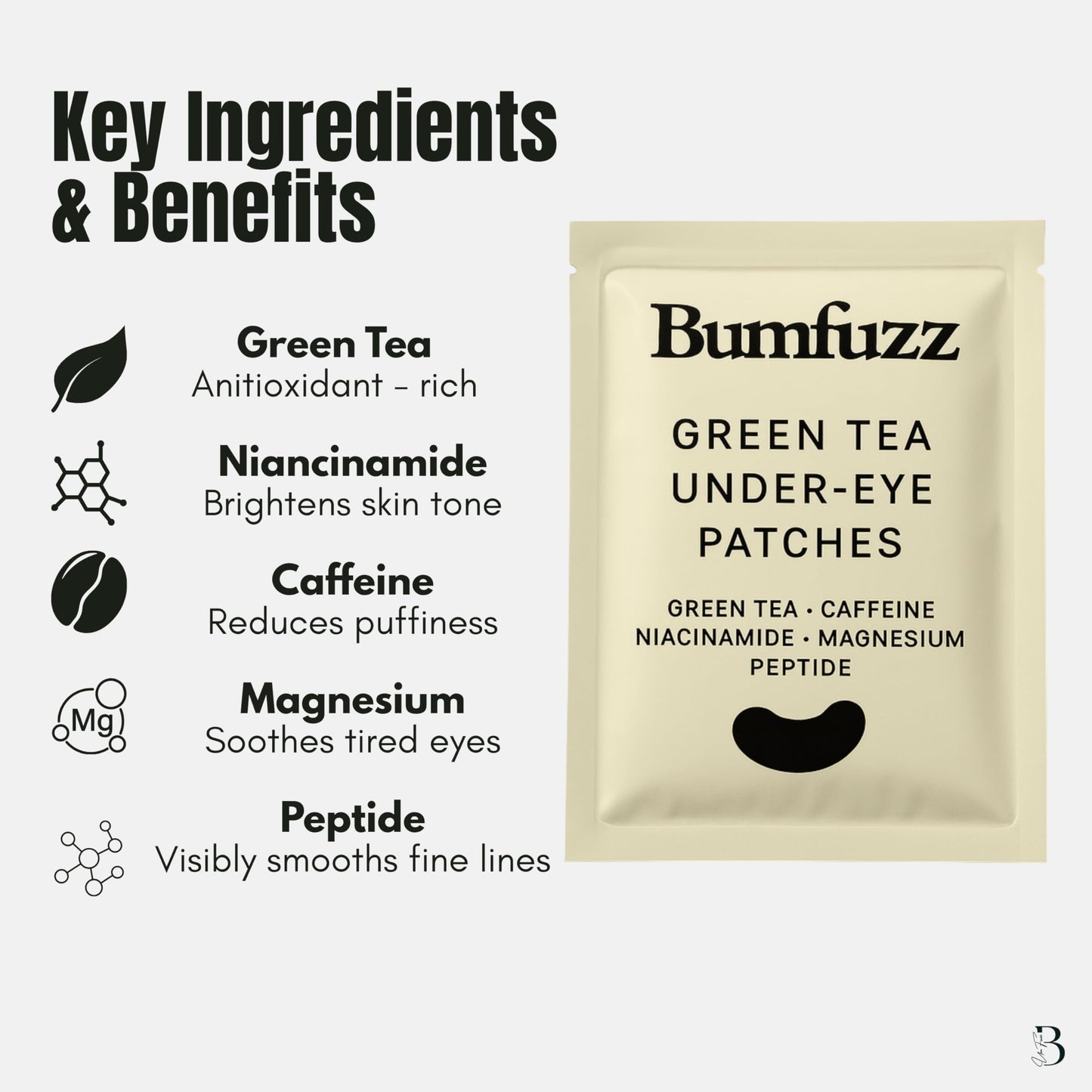 Bumfuzz Green Tea Under-Eye Patches | Depuff & Brighten Eye Gel Patches for Dark Circles & Tired Eyes | Plant-Based, Vegan with Caffeine, Niacinamide, Magnesium & Vegetable Peptides