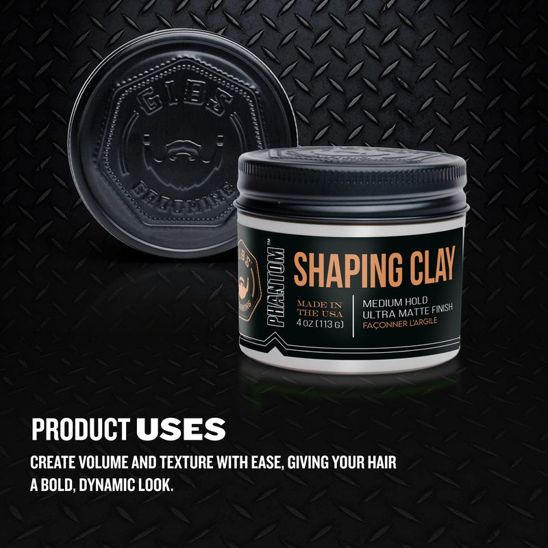 GIBS Grooming Phantom Shaping Clay (4 oz) Medium Hold, Ultra Matte Finish - Adds Volume & Texture, Absorbs Excess Oil - Fiddlehead, Fern, Clove & Sandalwood Fragrance - Hair Clay for Men - Made in USA
