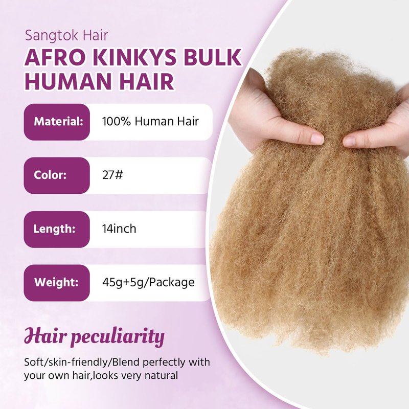 Sangtok Afro Kinky-Curly Human Hair Bulk for Twists, 18 Inch 50g Bulk Hair for Dreadlock Extensions Repair Locs Braiding, 100% 4C Human Bundles Hair(Black)