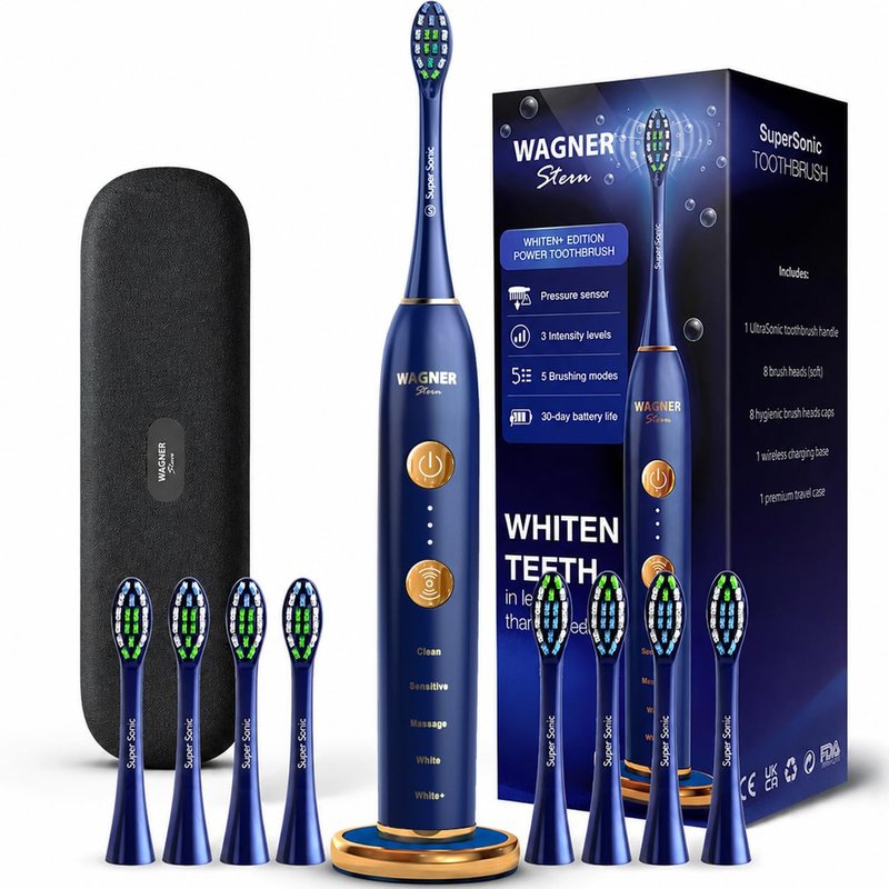 Wagner Stern WHITEN+ Electric Toothbrush, 48,000 VPM, Pressure Sensor, 5 Modes, 8 Brush Heads, Travel Case