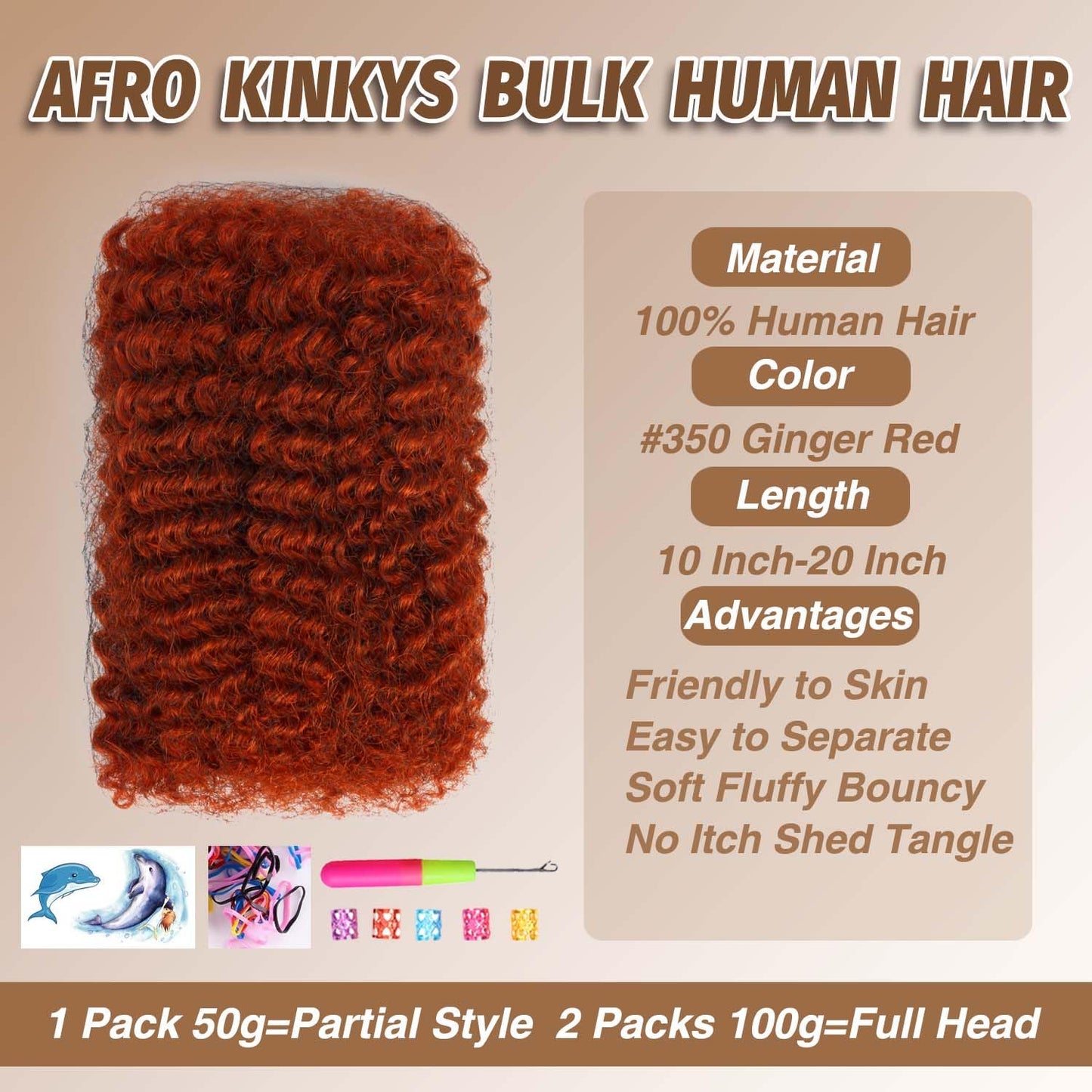 Afro Kinkys Bulk Human Hair for Mini Twist Braiding Braids Locs Dreadlock Extensions Afro Kinky-Curly Human Braiding Hair Bulk Bundles for Men Women Kids 10 Inch 50g 350 Orange Natural Soft Fluffy