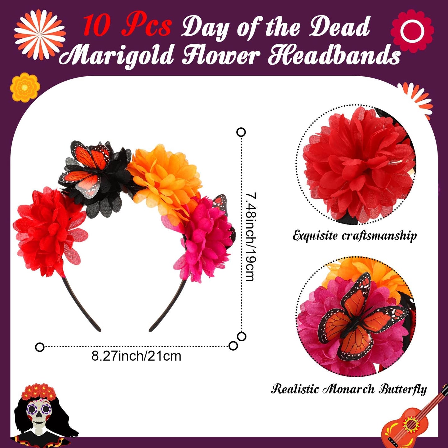 Hotop 10 Pcs Mexican Headbands Hair Flower Crown Accessories with Monarch Butterfly for Fiesta Party Supplies Day of The Dead Decor