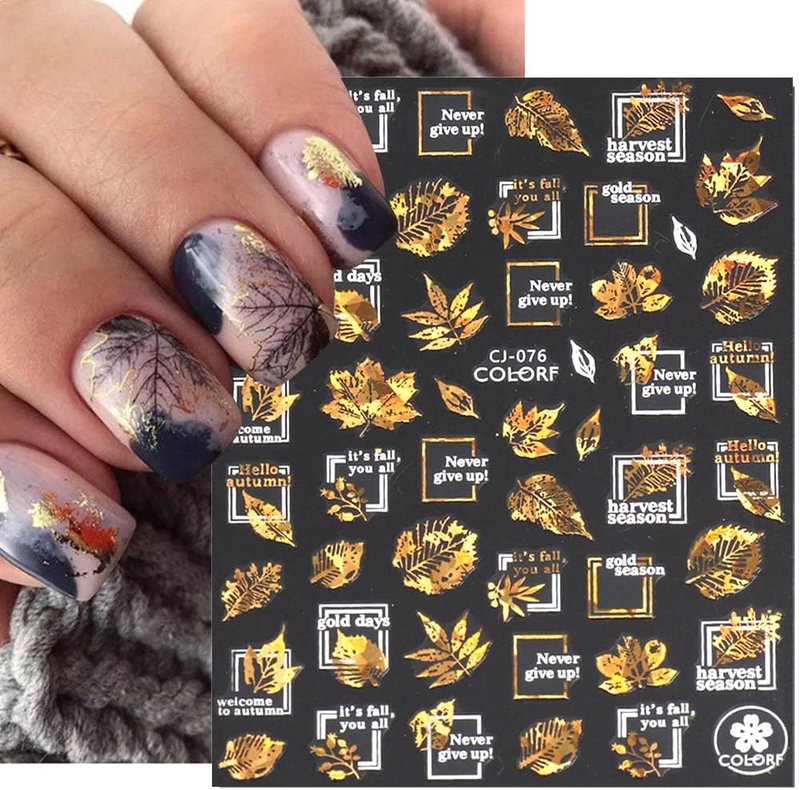 Autumn Leaves Nail Decals - 3D Self-Adhesive Fall Nail Art Stickers | White Laser Gold Maple Leaf Design, 9 Sheets