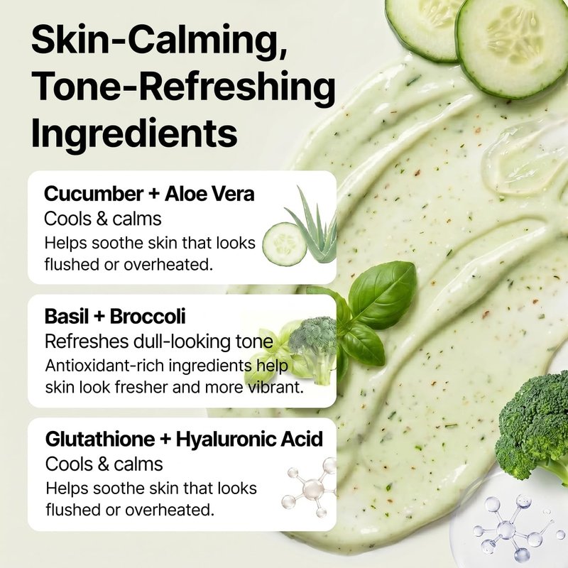 Cucumber Basil Face Mask Korean Skincare | Cooling Wash-Off Mask for Redness Relief & Sensitive Skin | Green Smoothie Mask with 3,500ppm Cucumber, Glutathione & 8 Types Hyaluronic Acid | K-Beauty