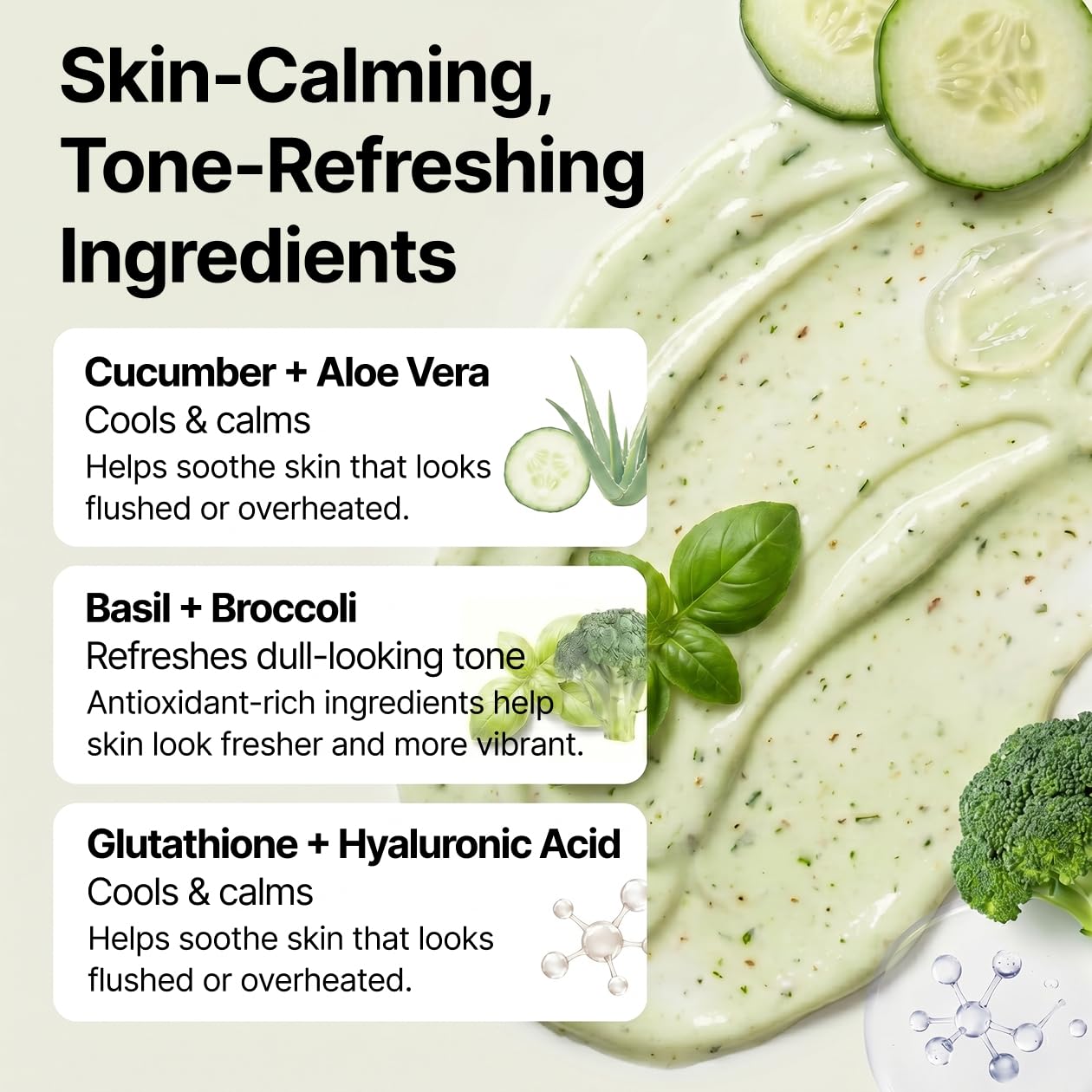 Cucumber Basil Face Mask Korean Skincare | Cooling Wash-Off Mask for Redness Relief & Sensitive Skin | Green Smoothie Mask with 3,500ppm Cucumber, Glutathione & 10 Types Hyaluronic Acid | K-Beauty