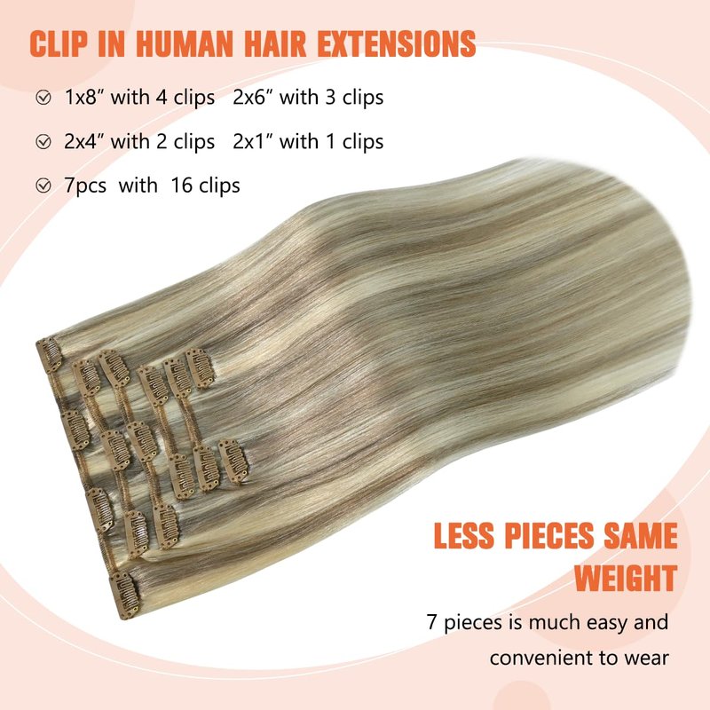 UGOTRAYS Clip in Hair Extensions Real Human Hair - 15 inch 70g Ash Blonde Mixed Bleach Blonde Straight 7pcs Double Weft - 100% Remy Human Hair Extensions #18p613 15inches