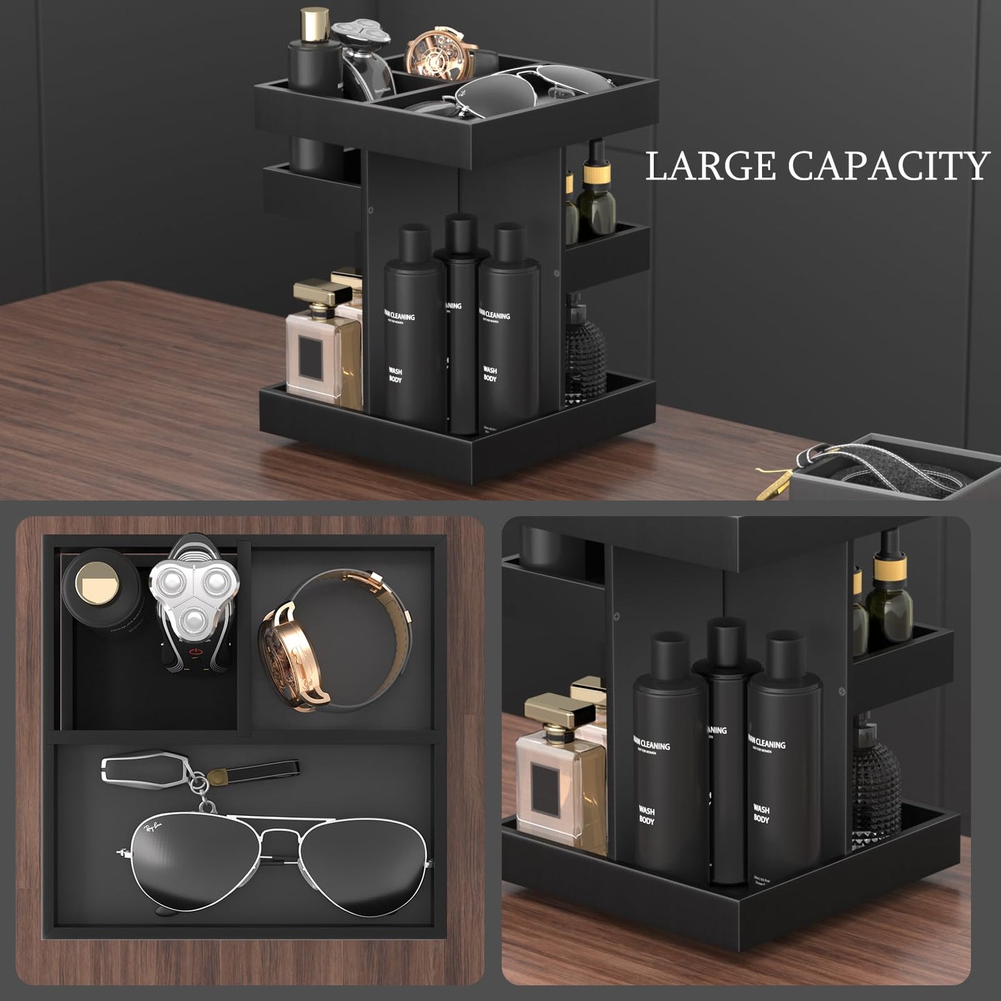 SNYTHX 360 Rotating Cologne Organizer for Men and Women, Large Wood Perfume Stand and Grooming Station for Bathroom Vanity & Dresser Countertop, Gift for Dad Husband Boyfriend, Black