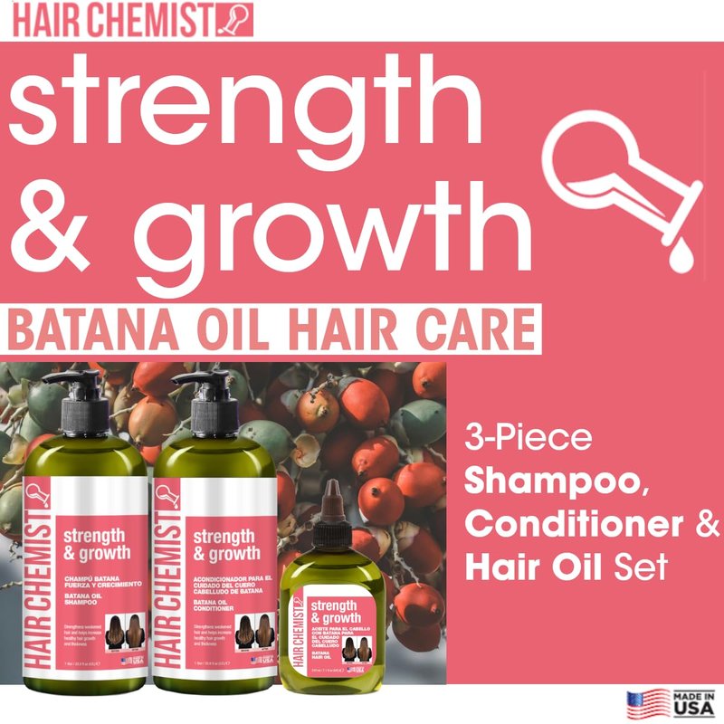 Hair Chemist Strength & Growth Batana Oil Shampoom Conditioner Set 33.8 oz. & Hair Oil 7.1 oz. (3-PC Set) - Batana Shampoo and Conditioner for Hair Growth, Thickening and Strength