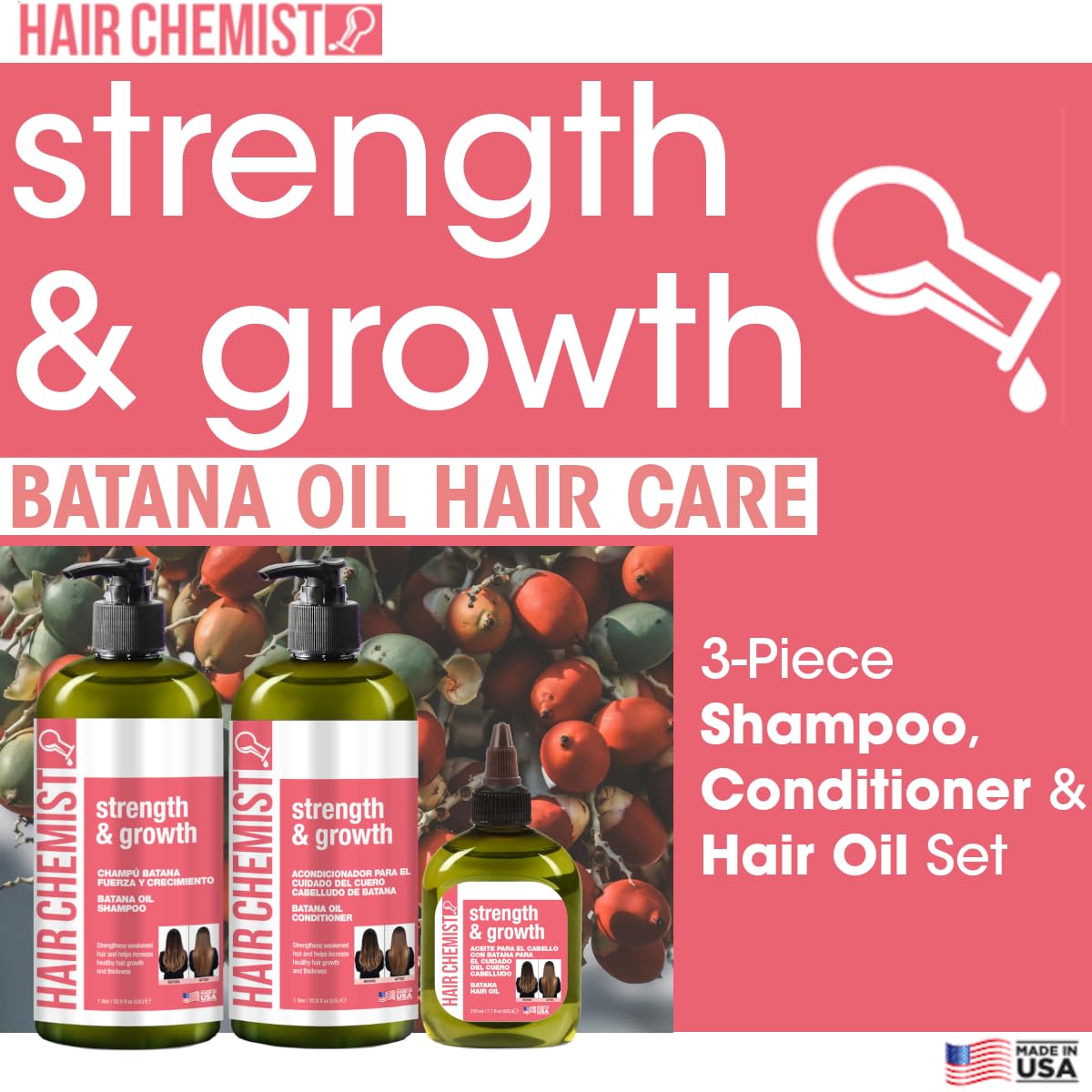 Hair Chemist Strength & Growth Batana Oil Shampoom Conditioner Set 33.8 oz. & Hair Oil 7.1 oz. (3-PC Set) - Batana Shampoo and Conditioner for Hair Growth, Thickening and Strength