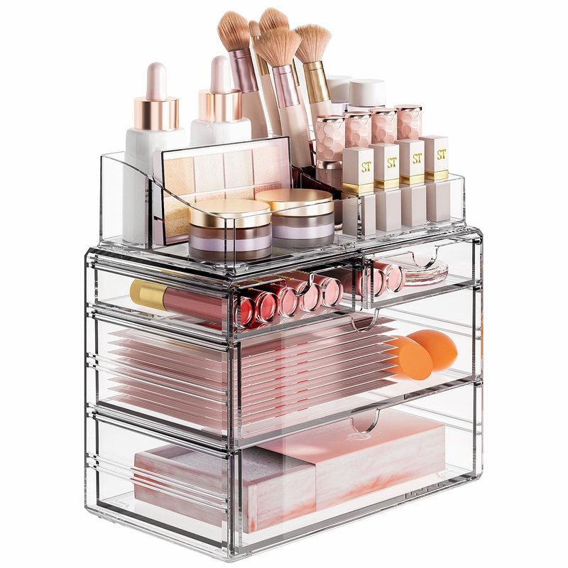 Delamu 4-Tier Clear Makeup Organizer with Drawer, Stackable Acrylic Cosmetic Storage for Bathroom Vanity, Dresser Countertop, Make Up and Jewelry Storage, Beauty Holder for Lipstick Brush Skincare
