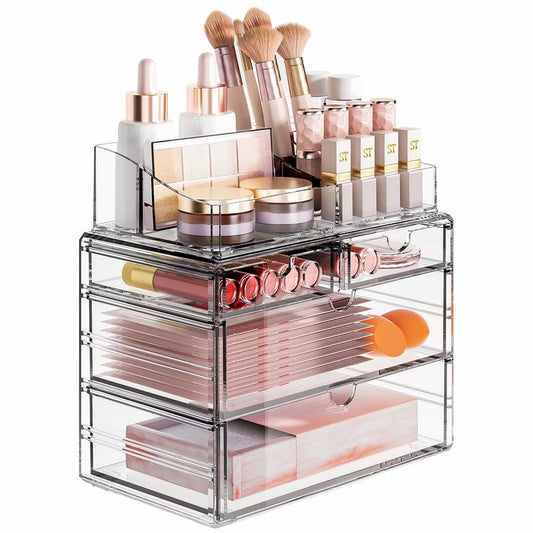Delamu 4-Tier Clear Makeup Organizer with Drawer, Stackable Acrylic Cosmetic Storage for Bathroom Vanity, Dresser Countertop, Make Up and Jewelry Storage, Beauty Holder for Lipstick Brush Skincare