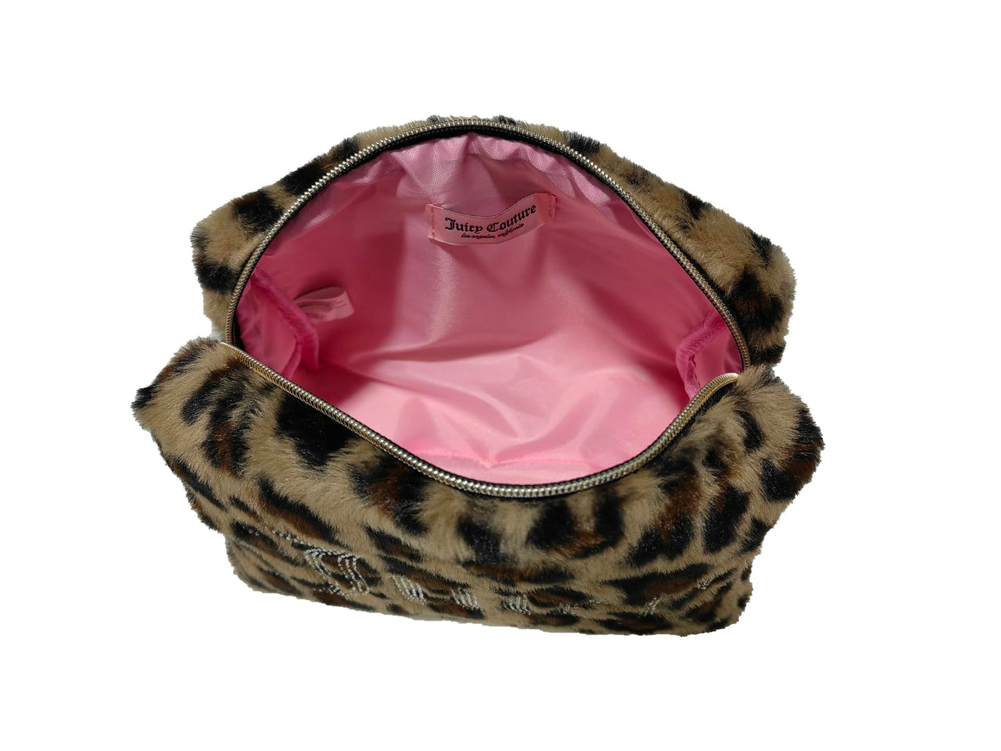 Juicy Couture Brown Makeup Bag Cosmetics Organizer Travel Essentials Zip Top Wedge Leopard Print Faux Fur Rhinestone