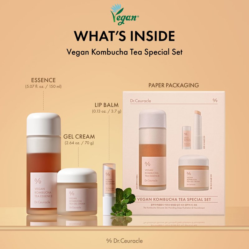 Dr.Ceuracle Vegan Kombucha Tea Essence and Gel Cream - Korean Skincare Gift Set for Holiday (Special Set)