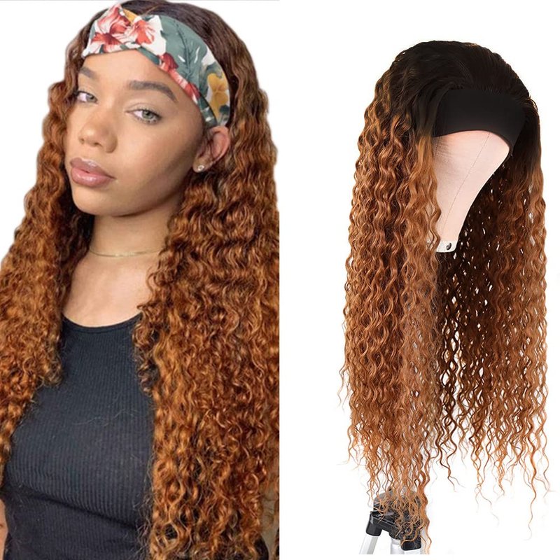 Ombre 1B30 Deep Wave Headband Wig - 12 Inch Brown Human Hair | 130% Density Brazilian Virgin Hair