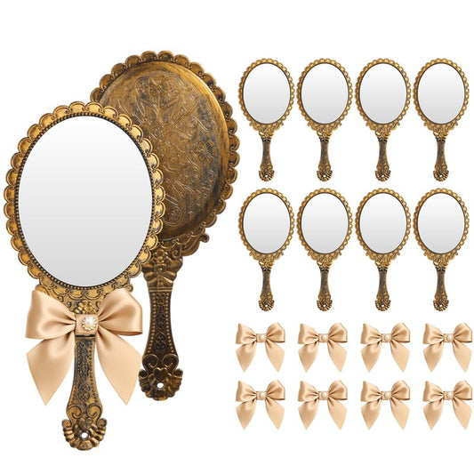 Wesiti 8 Pcs Vintage Handheld Mirrors Embossed Flower Princess Mirror with Bow Makeup Cosmetic Glass with Handle for Wedding Party Favors(Brass Gold)