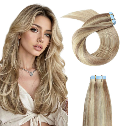 YILITE Tape in Remy Hair Extension Color 18 Ash Blonde Highlighted 613 Bleach Blonde Hair Extensions Tape ins 14 Inch Skin Weft Tape in Hair Extensions 40g 20PCS (14inch P18/613）