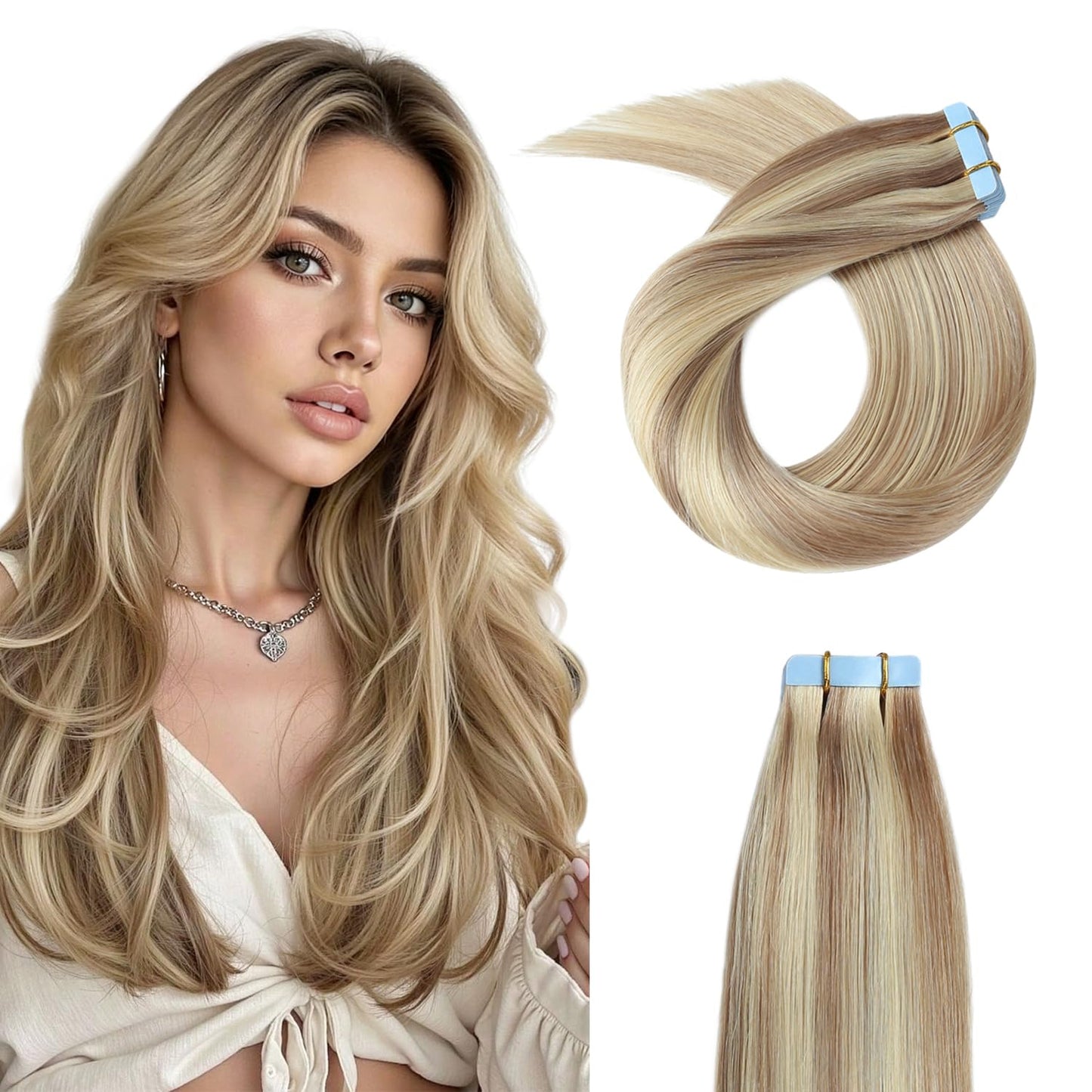 YILITE Tape in Remy Hair Extension Color 18 Ash Blonde Highlighted 613 Bleach Blonde Hair Extensions, #P18/613 Ash Blonde Highlighted Bleach Blonde(12inch P18/613)