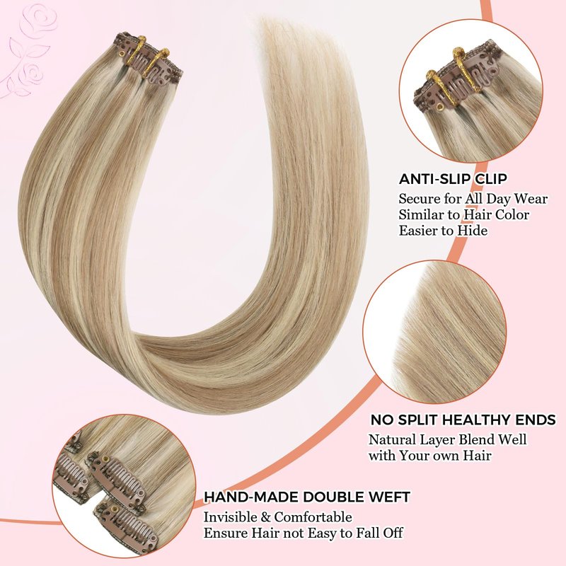 MEI YUAN LIN Clip in Hair Extensions Real Human Hair 5pcs 30g 20inch Single Clip Design for Flexible Wearing Remy hair extensions Light Blonde Highlighted Golden Blonde Easy to Apply & Remove