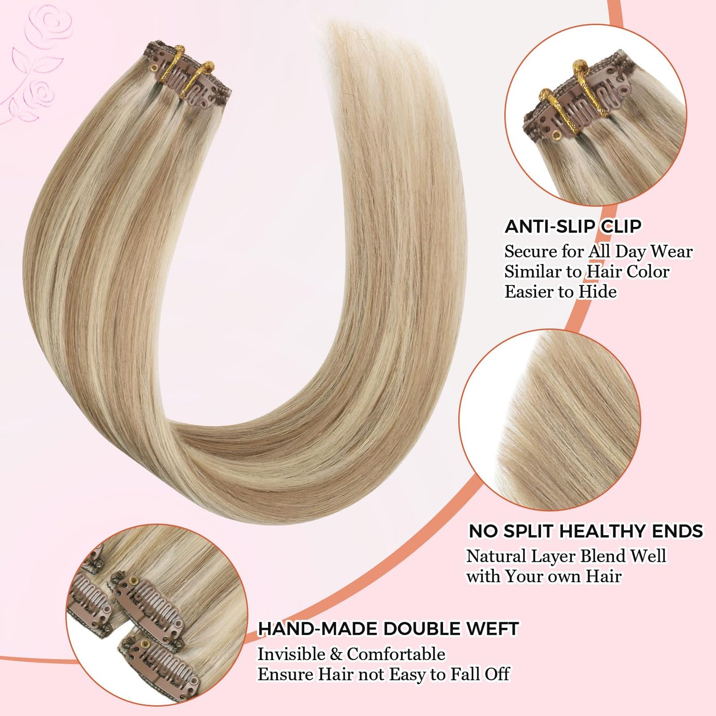 MEI YUAN LIN Clip in Hair Extensions Real Human Hair 5pcs 30g 20inch Single Clip Design for Flexible Wearing Remy hair extensions Light Blonde Highlighted Golden Blonde Easy to Apply & Remove