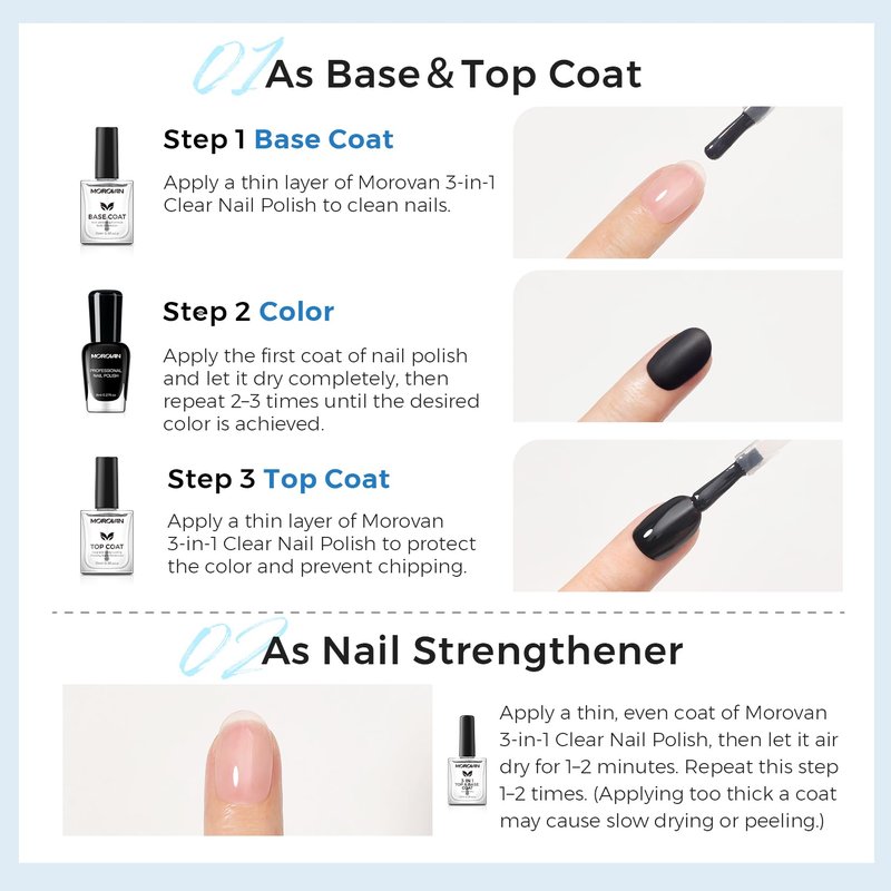 Morovan Base Coat Nail Strengthener: 3 IN 1 Nail Growth Top Coat Clear Quick Dry Nail Polish Strong Repairs Damaged Nail Hardener Long Lasting Shine No Chip Fingernail Treatment Care for Women Girls