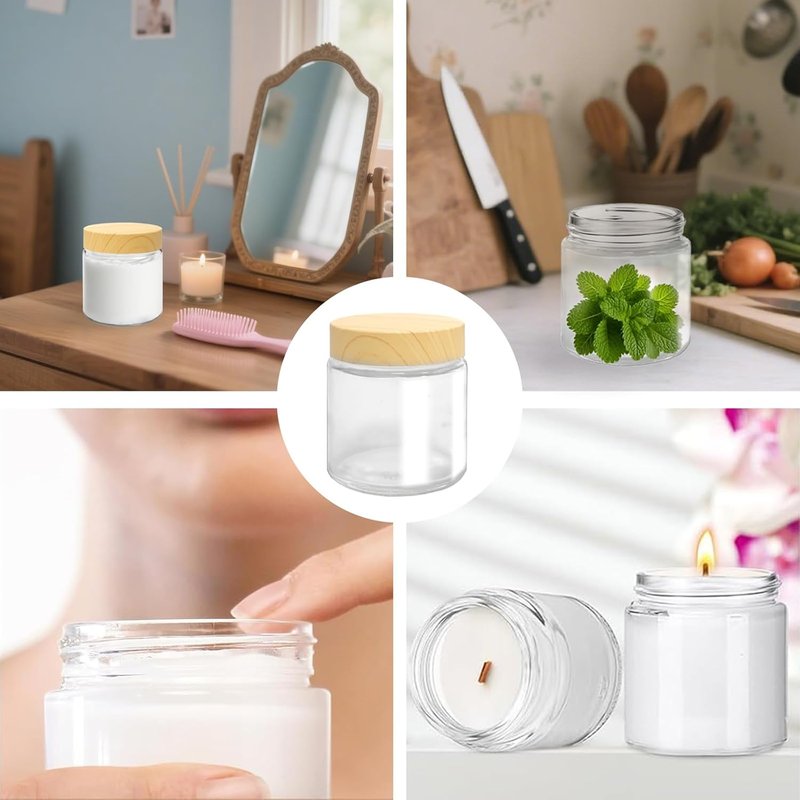 Glass Jars with Lids - 25 Pcs 4 Oz Airtight Reusable Containers for Travel & Cosmetics | Round Plastic Woodgrain