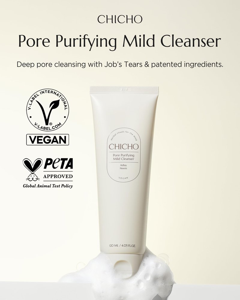 CHICHO Korean Pore Cleanser - Daily Micro-Polish Scrub Foam with Job's Tears 10,000ppm & PHA, 5-Ceramide Barrier, Non-Stripping Gentle Face Wash for Sensitive Skin, 4.05 fl oz