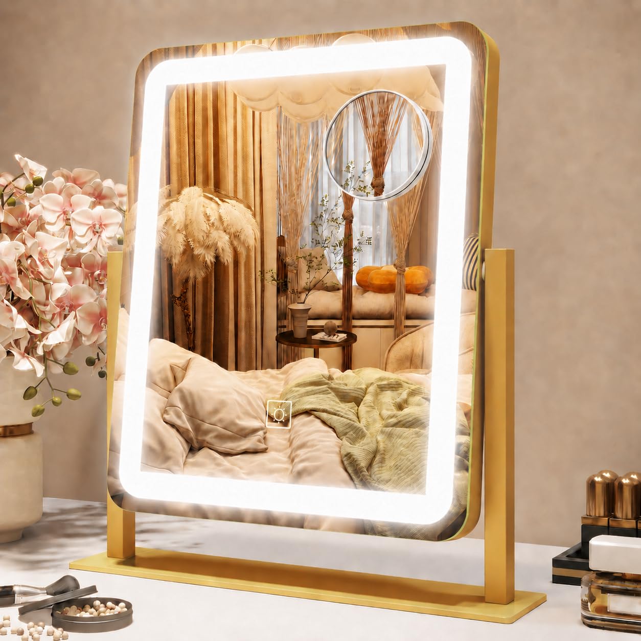 ROLOVE Lighted Makeup Mirror with 3-Color Dimmable Lighting, with Removable 10x Magnifier, Smart Touch Control, 360° Rotation, 15" x 13" Hollywood Vanity Mirror for Tabletop Desk (Gold)