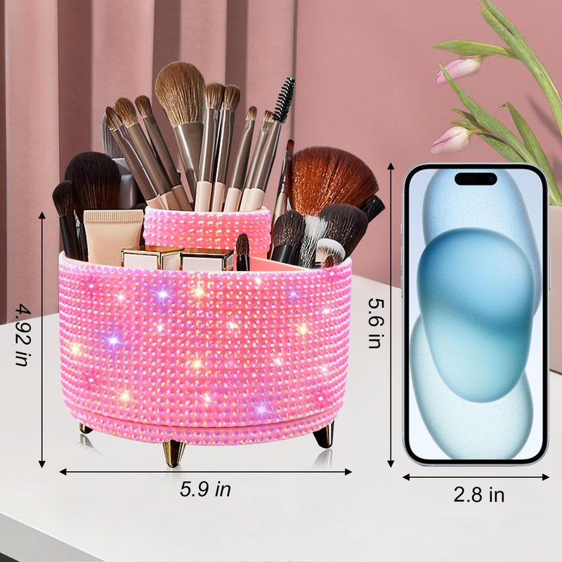 Diesisa Bling Diamond 360° Makeup Brush Holder Organizer, Rotating Makeup Brush Organizer,5 Slot Make up Brushes Cup for Cosmetics, Vanity Desktop Organizer, Gift for Women Teen Girls- Diamond Pink