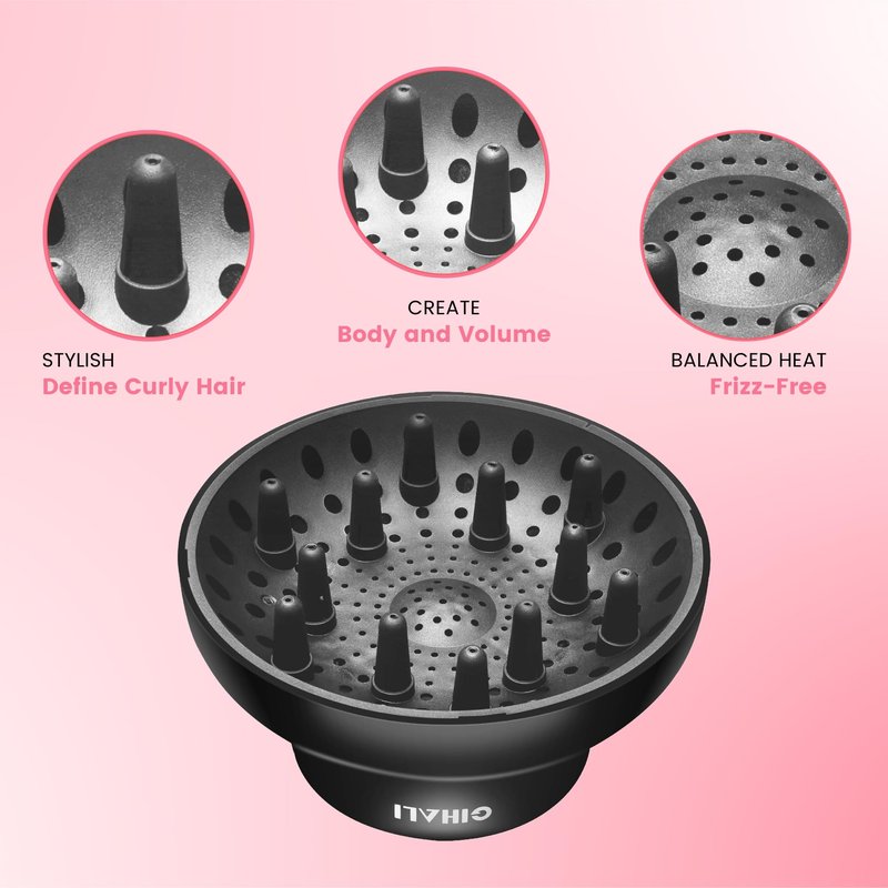 GIHALI Universal Hair Diffuser “Super Sturdy” 1.7 Inch to 2.6 Inch for Natural Curly and Wavy Hair, Hair Dryer Attachment (Black Matte)