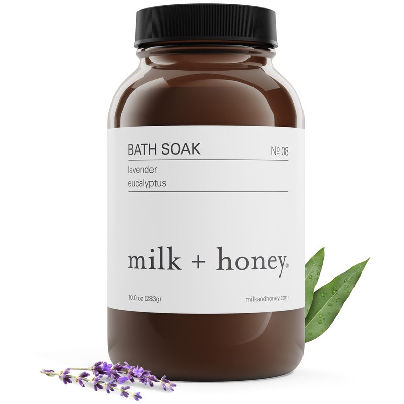 Milk + Honey Calming Bath Soak No. 8 – Moisturizing Epsom Salt with Lavender & Eucalyptus – Relaxing Aromatherapy Soak for Sore Muscles, Dry Skin & Stress Relief – 10 oz