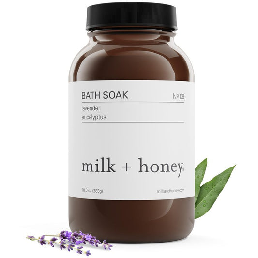 Milk + Honey Calming Bath Soak No. 8 – Moisturizing Epsom Salt with Lavender & Eucalyptus – Relaxing Aromatherapy Soak for Sore Muscles, Dry Skin & Stress Relief – 10 oz