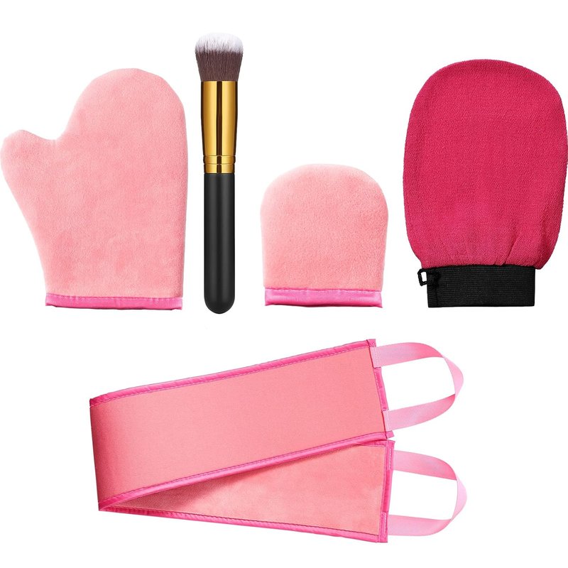 Self Tanning Mitt Applicator Kit - 5 Pieces with Exfoliating Glove & Back Lotion Applicator | Pink
