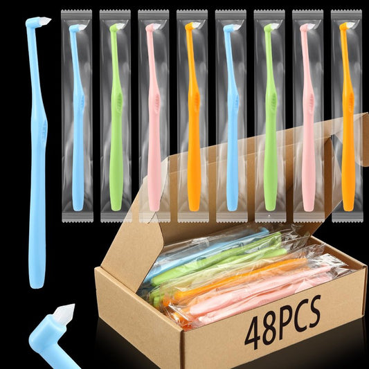Qinyoung 48 Pcs End Tuft Toothbrush Individually Wrapped Small Head Toothbrush Reusable Orthodontic Brushes for Back Teeth Wisdom Teeth Implants Detail Cleaning, Green Blue Pink and Orange
