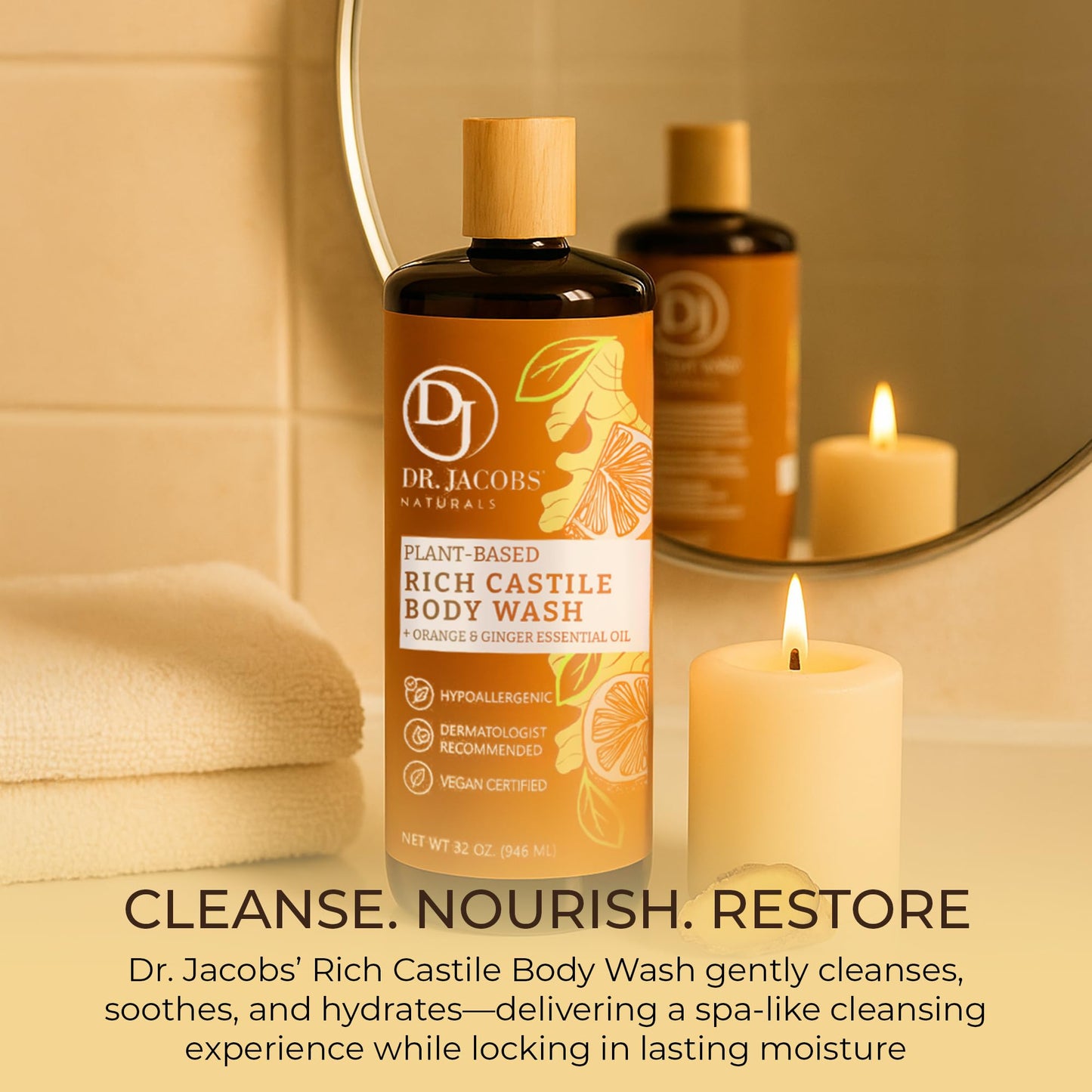 Dr. Jacobs Naturals Pure Castile Soap Liquid Body Wash, Orange & Ginger - Plant Based Soap Infused with Vitamin E & Aloe Vera to Moisturize Dry and Sensitive Skin - Made in The USA - 32 oz, Pack of 1