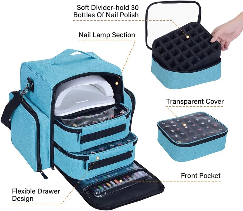 Nail Polish Organizer Case - Portable Travel Storage for 60 Bottles | Includes 2 Detachable Bags, Lake Green