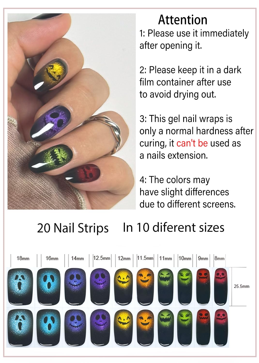Semi Cured Gel Nail Strips, Cat Eye, Ghost Face 20pcs Adhesive UV Sticker, Wraps for Home Manicure DIY