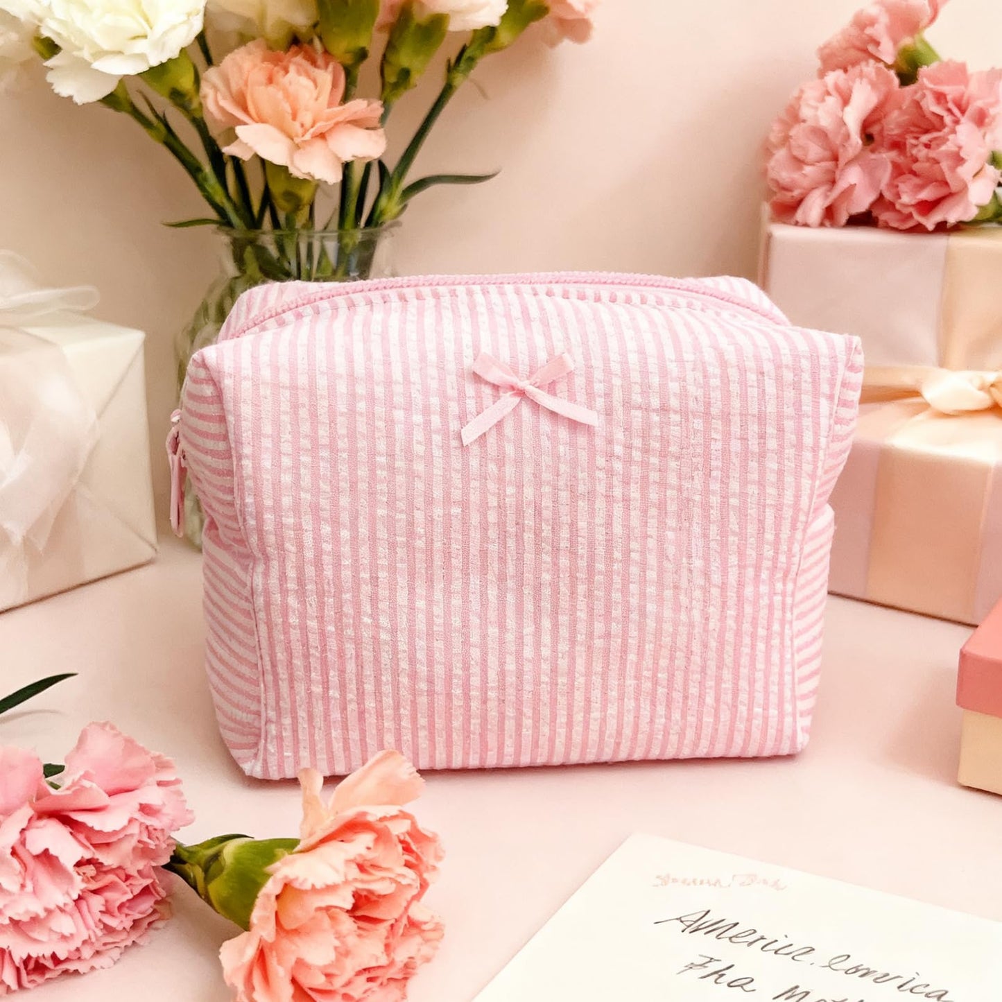 10 Pcs Cotton Quilted Makeup Bags Bulk-Valentines Day Gifts Bow Stripe Cosmetic Pouch Bridesmaid Gifts Makeup Pouch with Zipper Travel Portable Case Preppy Gifts for Women (Pink)