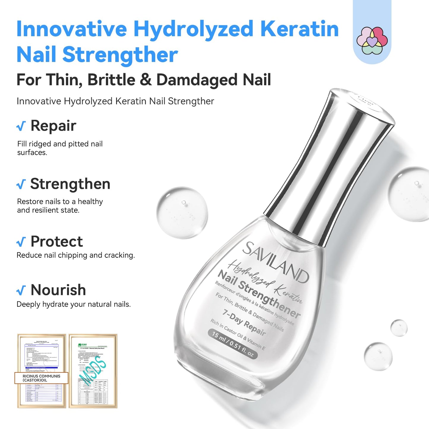 SAVILAND Clear Nail Strengthener 15ml: Fast Air Dry Natural Nail Growth for Damaged Nails Transparent Nail Polish Strengthening Repair Weak & Thin Nails Treatment with Castor Oil Vitamin E Women Gift