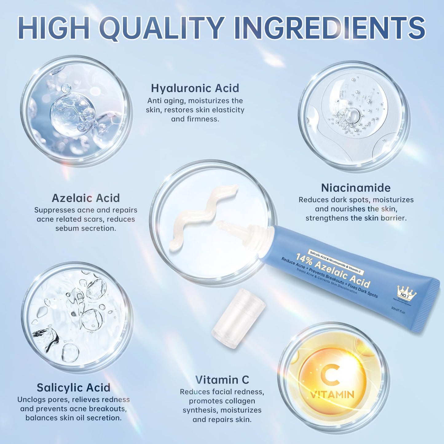 Azelaic Acid 14% Acne Cream for Redness Relief, Dark Spots, Facial Serum with Niacinamide & Vitamin C Prevent Acne Breakouts, Azelaic Acid Serum for Balance Excess Sebum & Soothe Irritation, 2 Oz.